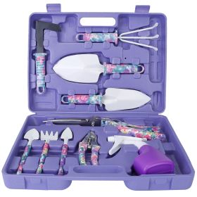 10Pcs Gardening Hand Tool Set Ergonomic Handle Gardening Work Kit w/ Rake Shears Shovel Spray Bottle Purple Floral Print Portable Carrying Case