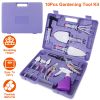10Pcs Gardening Hand Tool Set Ergonomic Handle Gardening Work Kit w/ Rake Shears Shovel Spray Bottle Purple Floral Print Portable Carrying Case