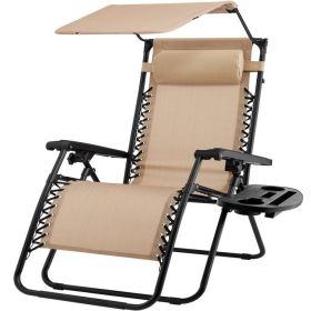 Beige Zero Gravity Folding Reclining Patio Lounge Chair with Canopy Sun Shade
