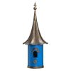 Outdoor Teal Blue Metal Birdhouse with Vintage Bronze Phonograph Style Roof