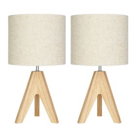 Set of 2 - Solid Wood Tripod Table Lamp with Beige Linen Drum Shade