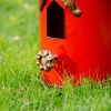 Outdoor Red Metal Bird House with Vintage Bronze Phonograph Style Roof