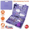10Pcs Gardening Hand Tool Set Ergonomic Handle Gardening Work Kit w/ Rake Shears Shovel Spray Bottle Purple Floral Print Portable Carrying Case
