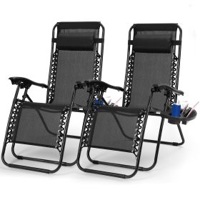 2Packs Zero Gravity Lounge Chair w/ Dual Side Tray 330lbs Load Foldable Recliner Chair w/ Stress Relief Pillow Patio Poolside Beach Lying Chair (Option: Black)