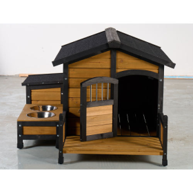 Large Wooden Dog House With Storage Box And Feeding Station, Outdoor Pet Kennel With Asphalt Roof, Porch, And Lockable Door  Weatherproof Fir Woo (Color: Yellow)