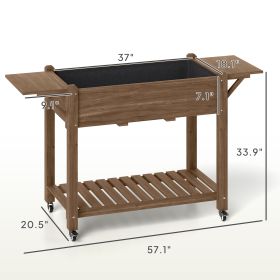 Wood Raised Planter Box, Elevated Garden Bed With Lockable Wheels, Side Tables, Bottom Shelf, Drain Holes, Carbonized (Option: Carbonized)