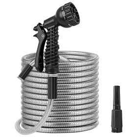 25FT/50FT/100FT Heavy Duty Stainless Steel Garden Hose Garden Watering Kit Metal Water Hose with 2 Nozzles 12 Patterns Flexible Extendable Kink Tangle (Option: 100FT)