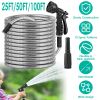 25FT/50FT/100FT Heavy Duty Stainless Steel Garden Hose Garden Watering Kit Metal Water Hose with 2 Nozzles 12 Patterns Flexible Extendable Kink Tangle